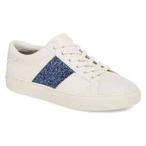 Tory Burch Carter Ivory Leather Blue Glitter Flat Low Top Sneakers